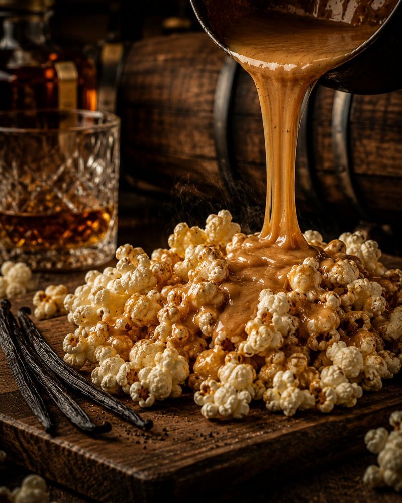 Caramel pouring over fresh popcorn