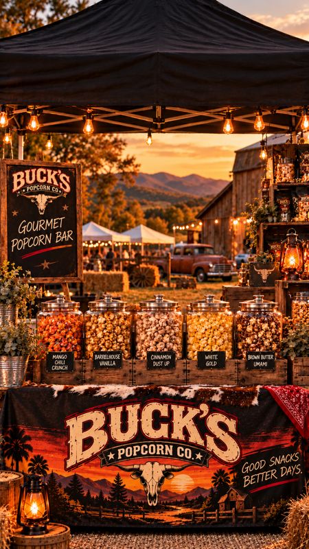 The Buck's gourmet popcorn bar set up under string lights, five flavors in glass jars