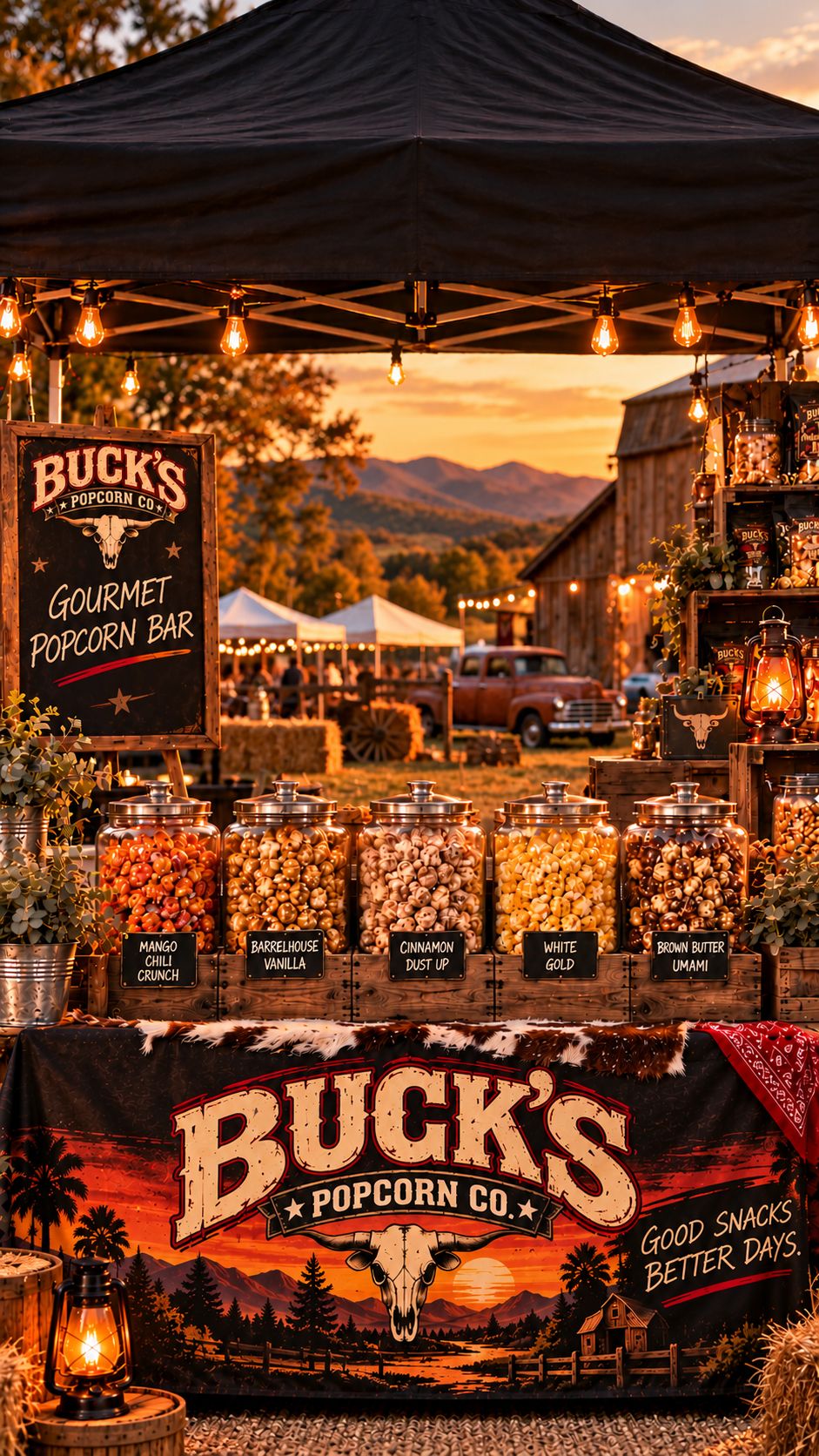 The Buck's gourmet popcorn bar: a chalkboard sign and five flavors in glass jars under string lights